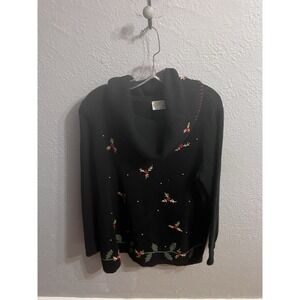 Basic Edition Christmas Sweater Sz Large Cowl Neck Black Embroidered Pullover‎